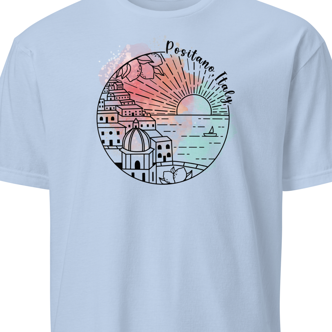 Light blue t-shirt with a colorful graphic design