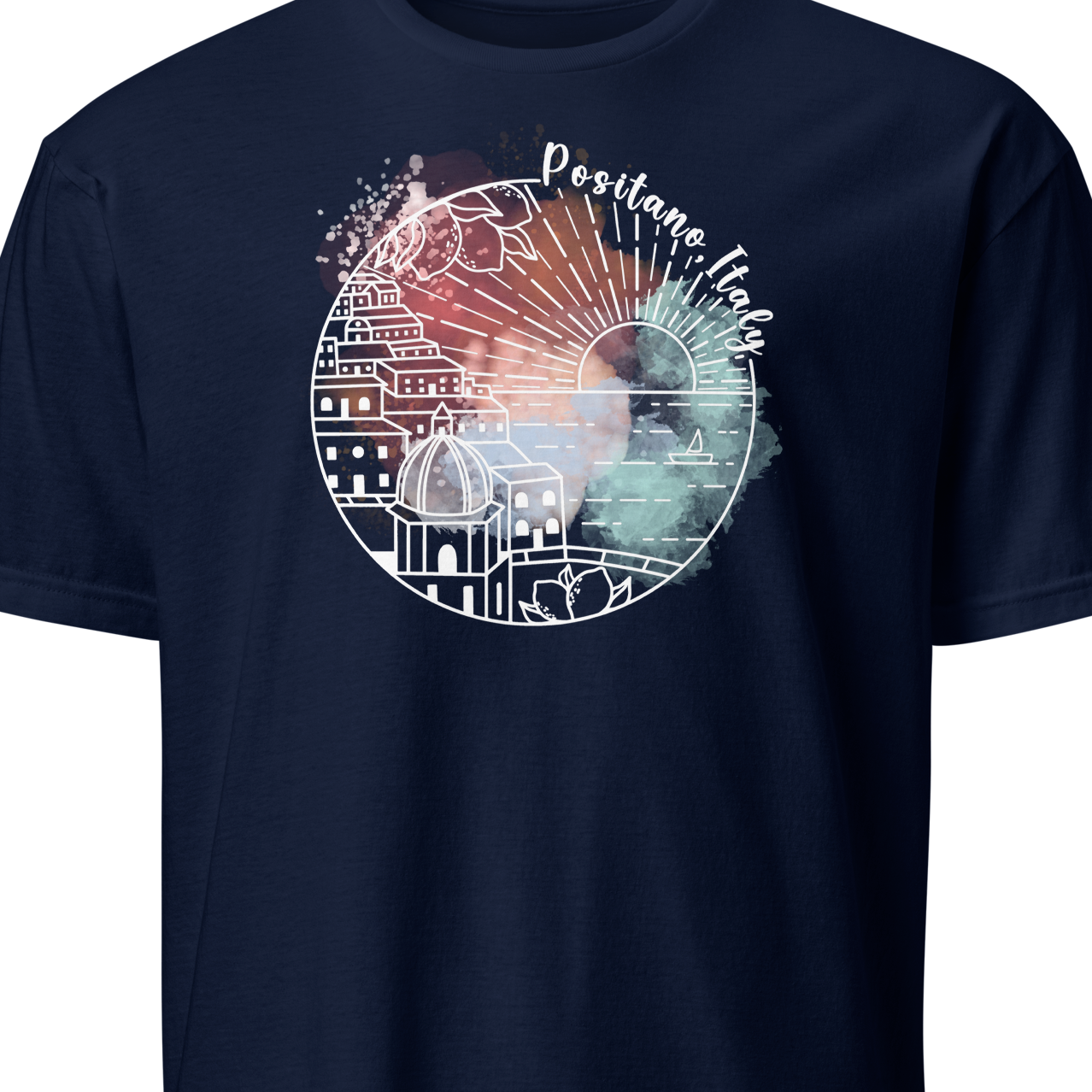 Navy blue t-shirt with a colorful graphic design