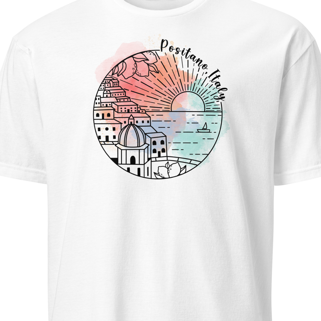 White t-shirt with colorful graphic design 