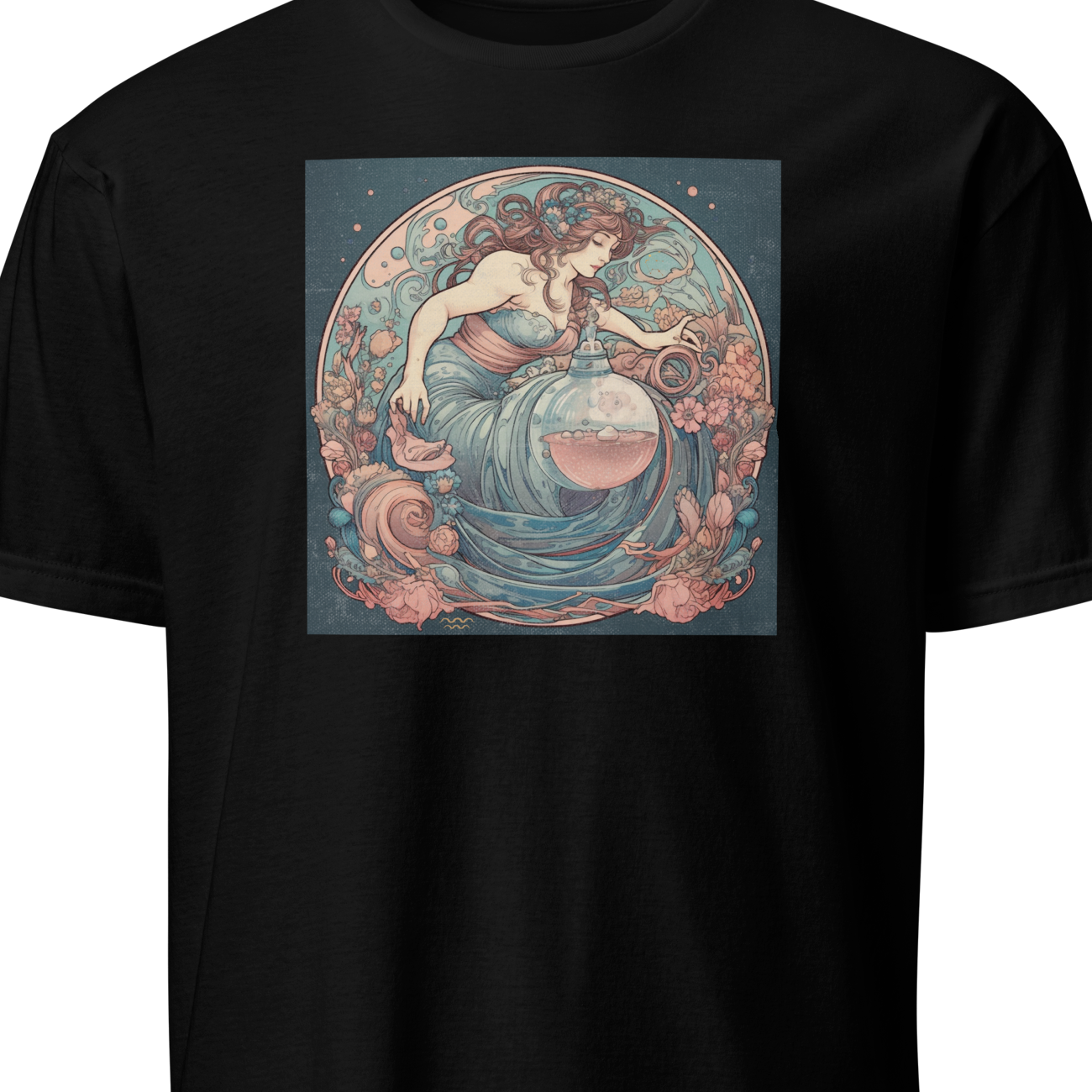 Black t-shirt with a colorful graphic of a woman and floral elements 