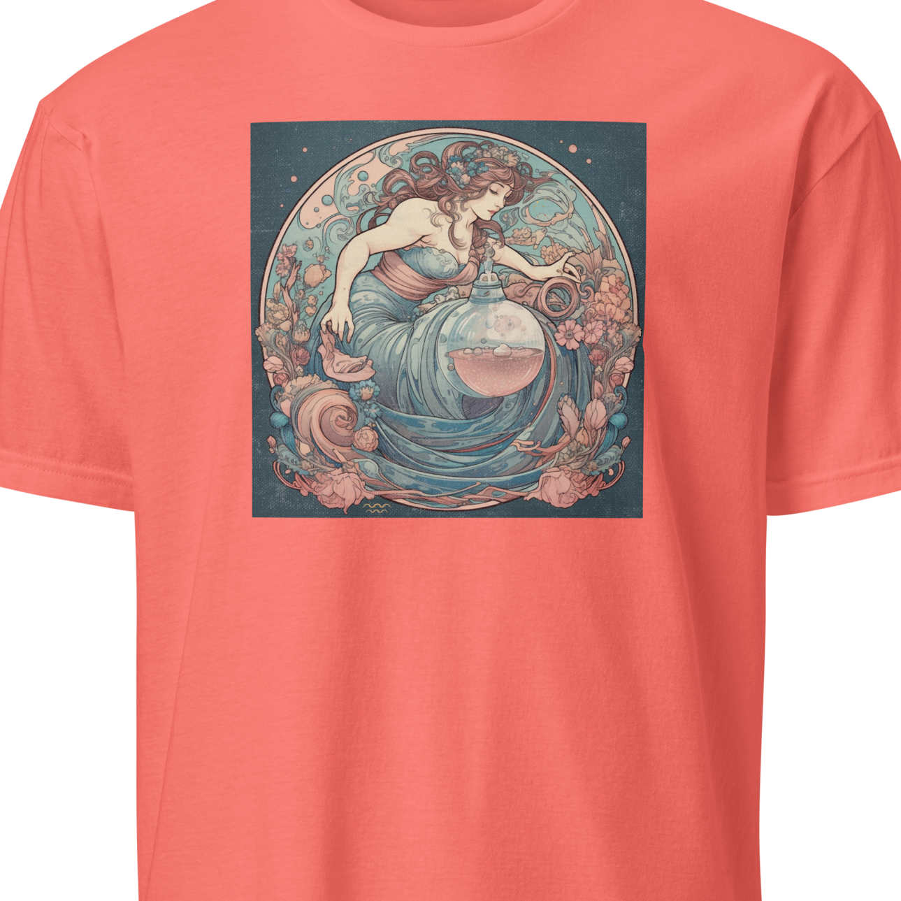 Coral t-shirt with a graphic design of a woman and celestial elements 