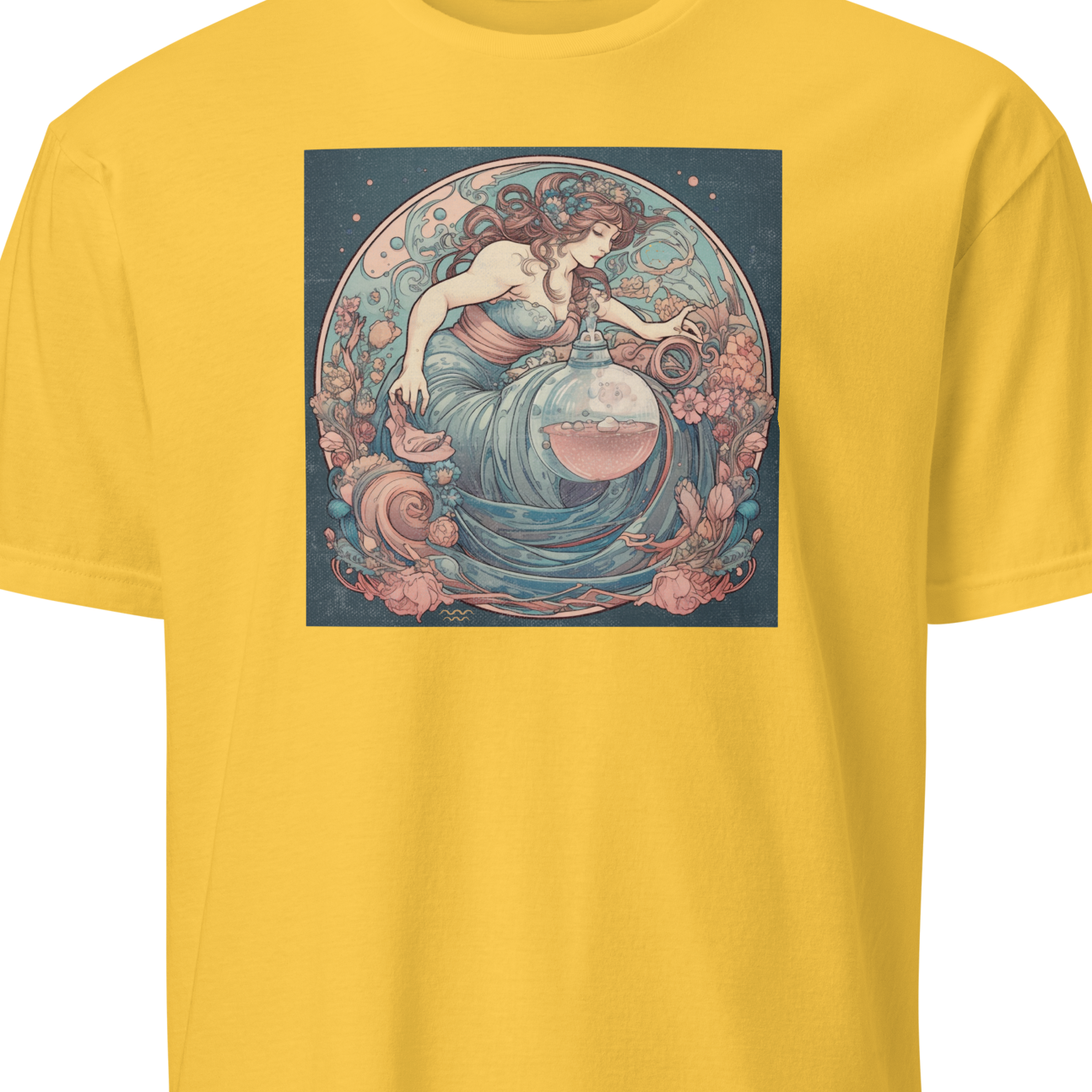 Yellow t-shirt with a graphic design of a woman in a dress 