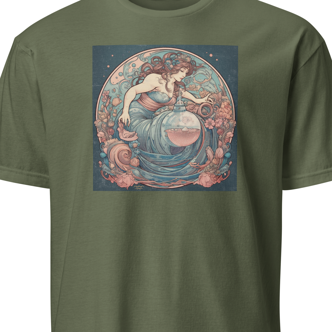 Green t-shirt with a colorful graphic design 