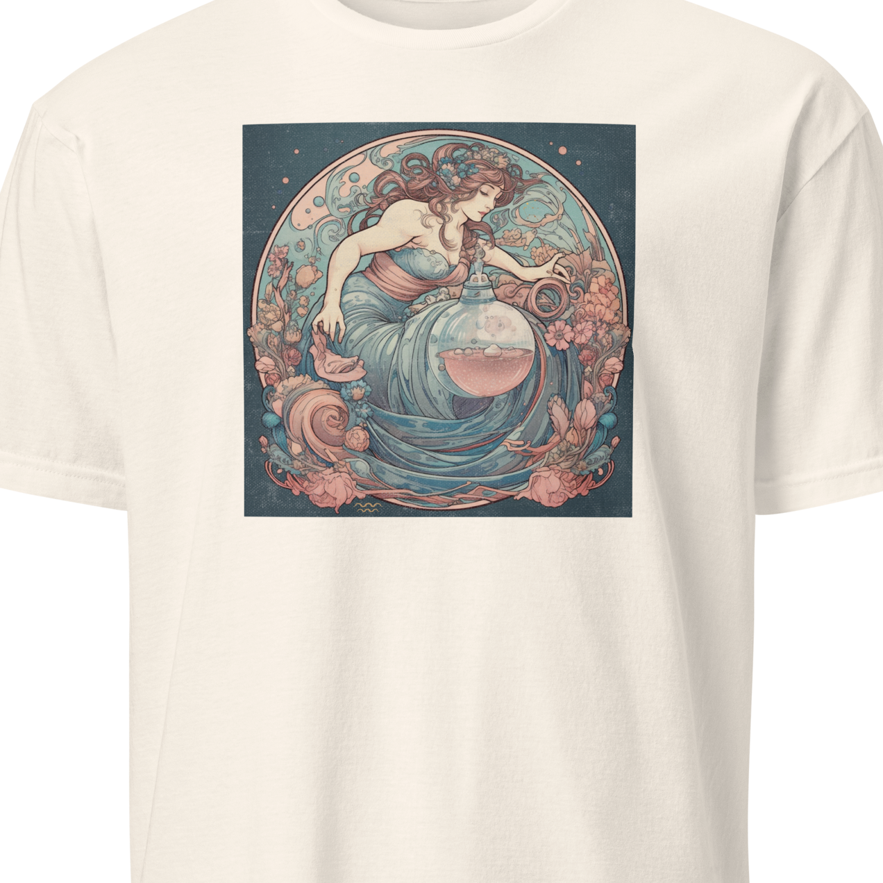 White t-shirt with a graphic design of a woman in a dress 