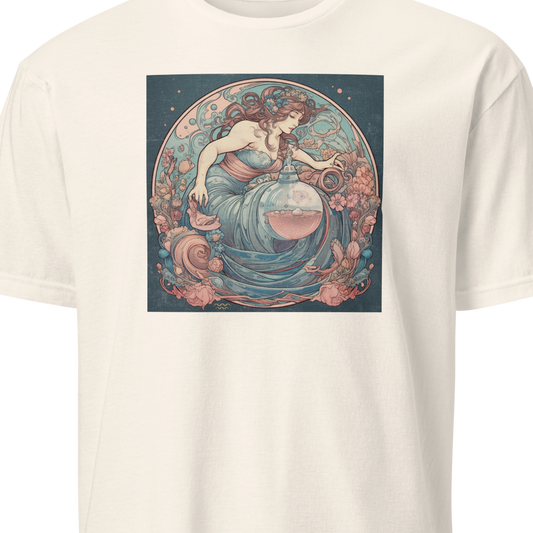 White t-shirt with a graphic design of a woman in a dress 