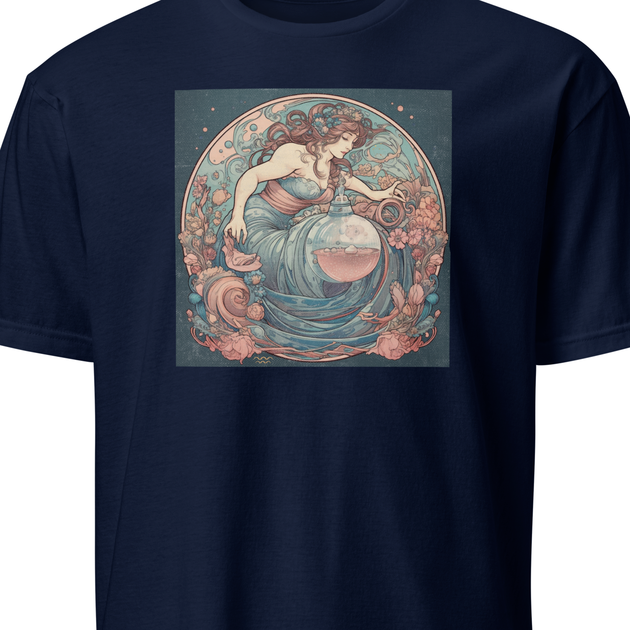 Navy blue t-shirt with a colorful graphic of a woman and floral elements 