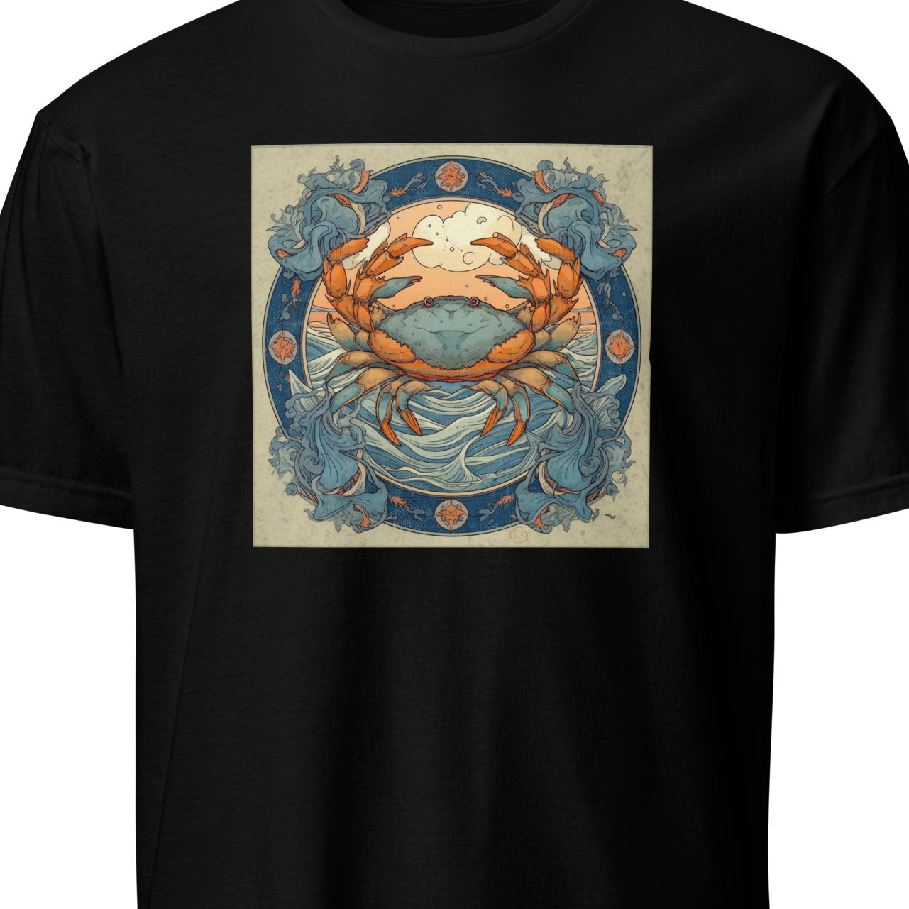 Black t-shirt with a graphic of a crab and decorative elements