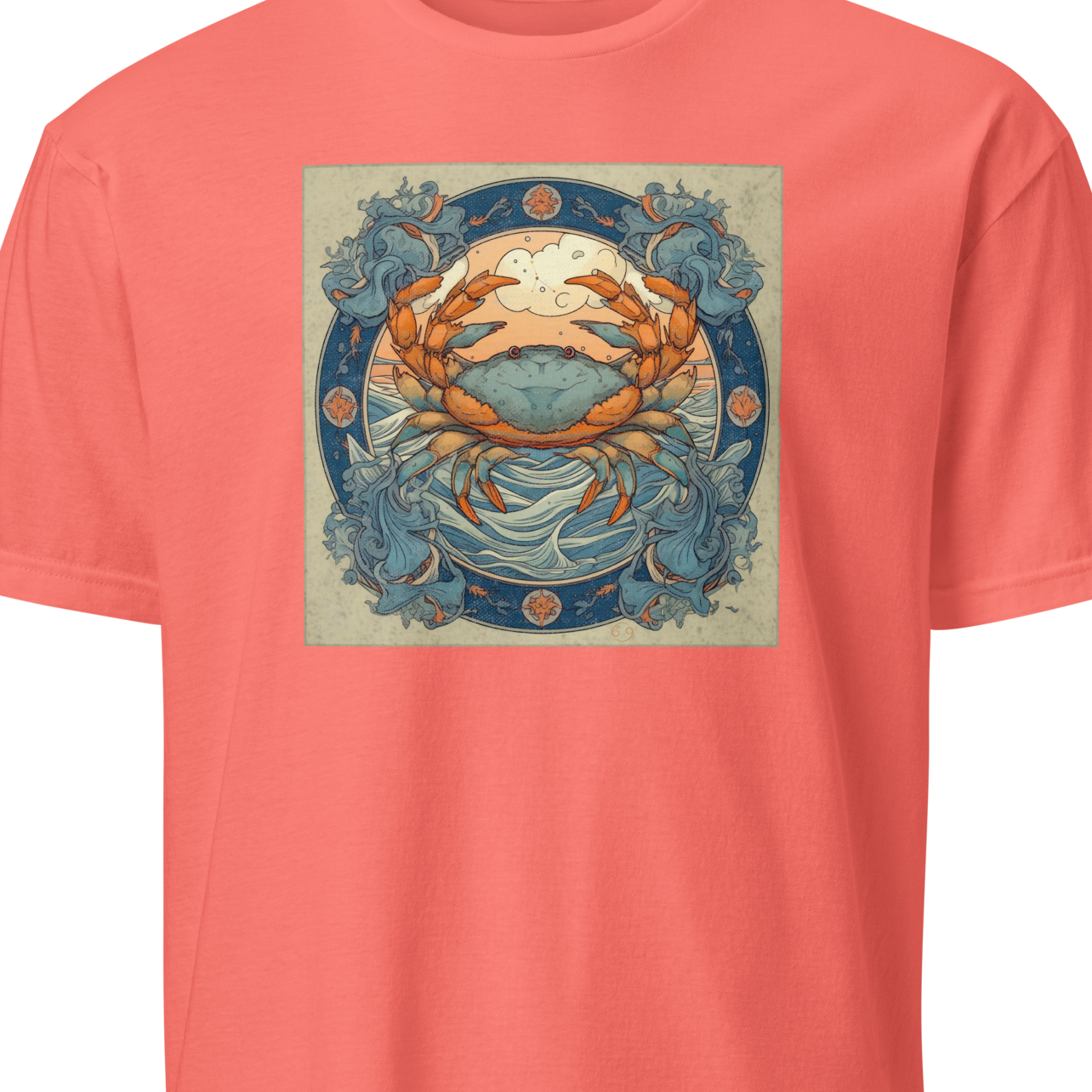 Coral t-shirt with a graphic of a crab and decorative elements 