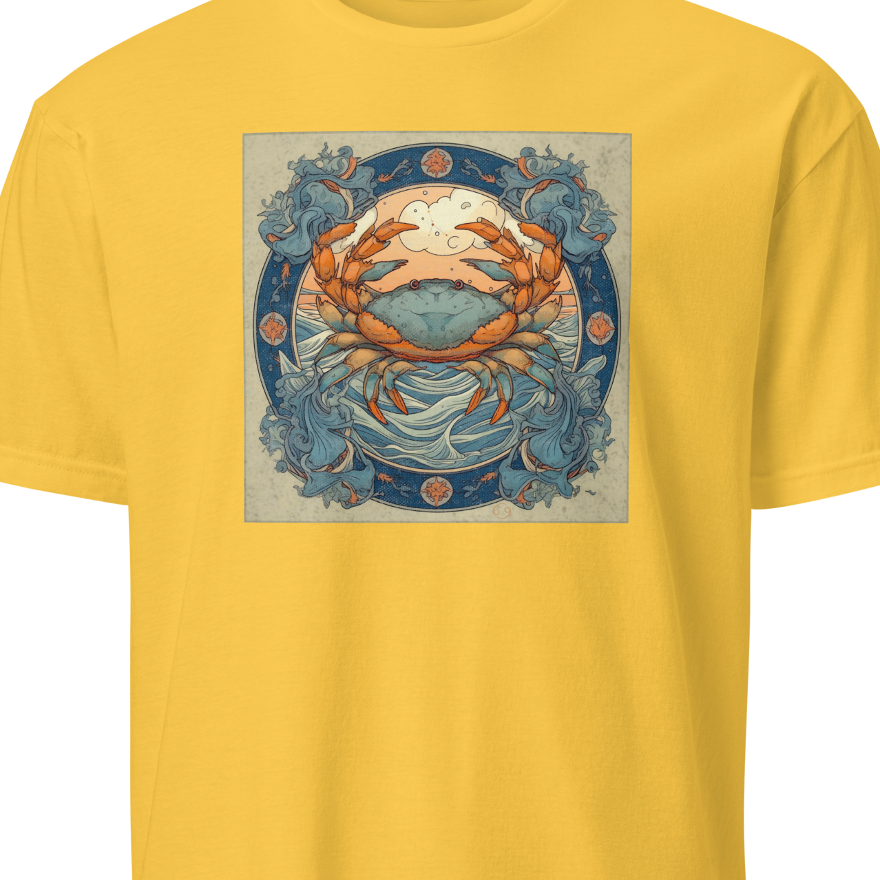 Yellow t-shirt with a graphic of a crab and decorative elements 