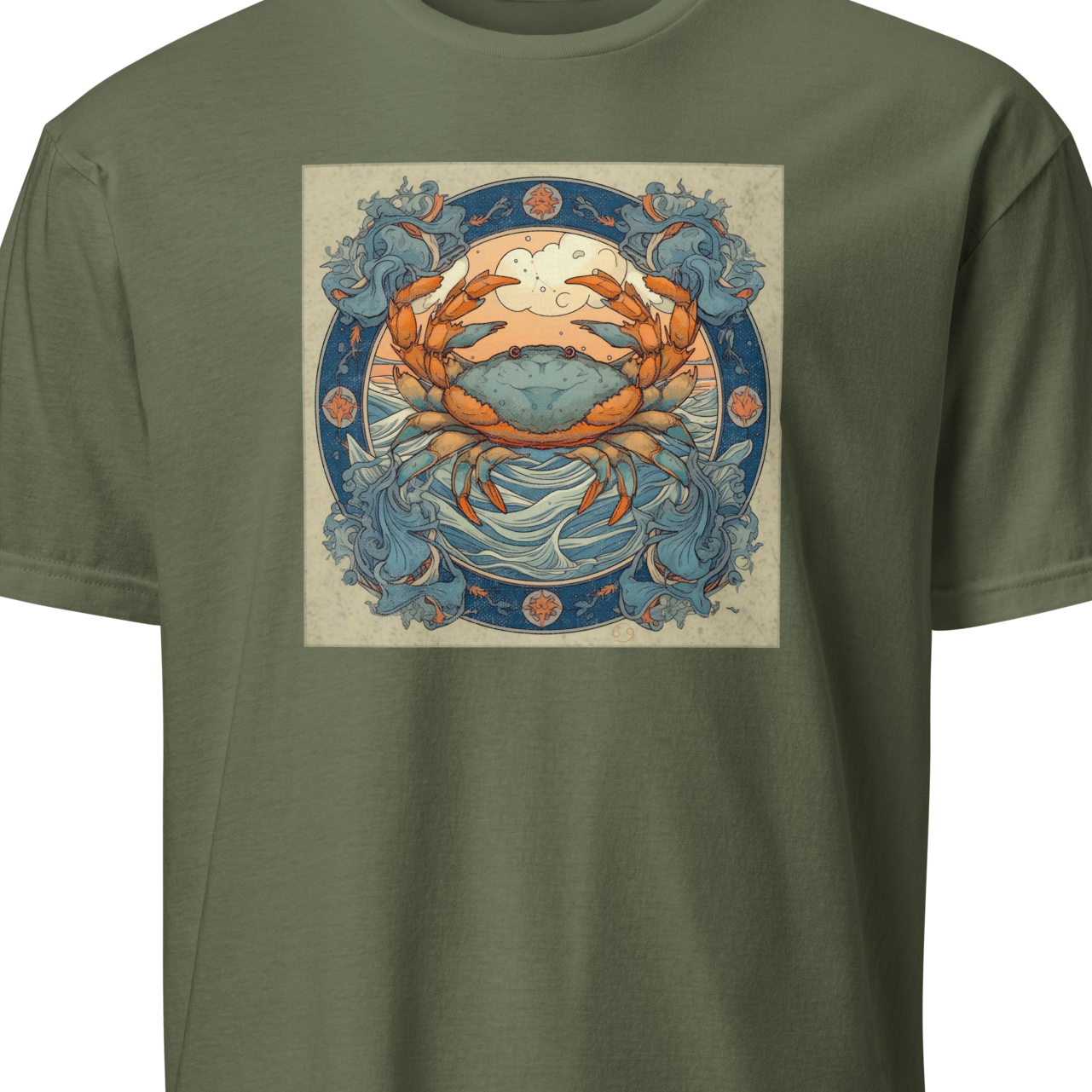 Green t-shirt with a graphic of a crab and decorative elements on a beige background