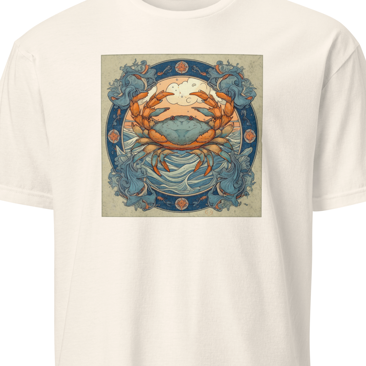 White t-shirt with a graphic of a crab and decorative elements