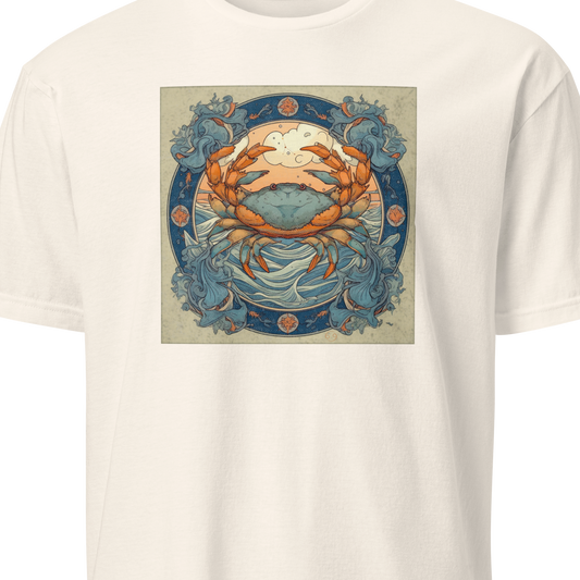 White t-shirt with a graphic of a crab and decorative elements