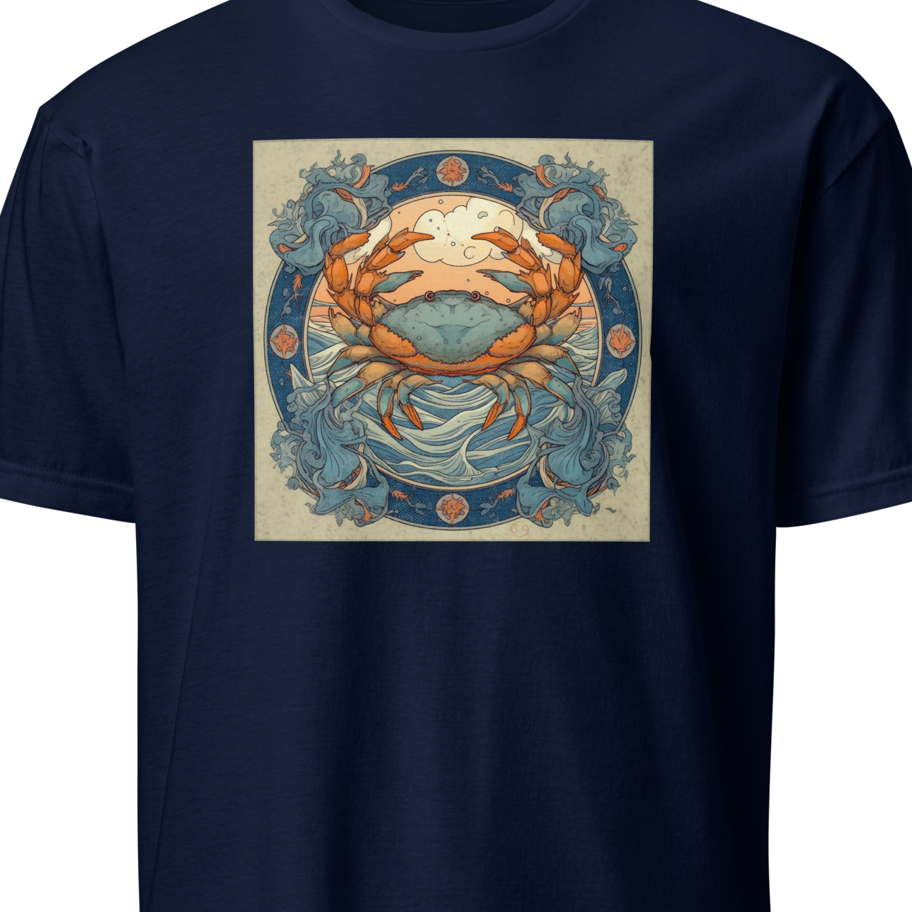 Navy blue t-shirt with a graphic of a crab design 