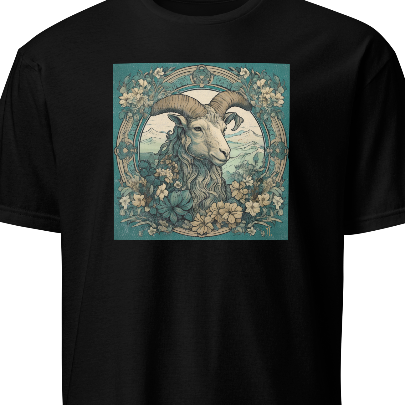 Black t-shirt with a graphic of a ram and floral design 