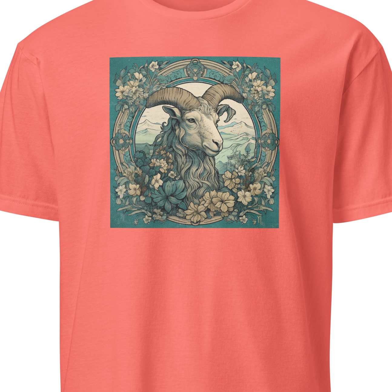 Coral t-shirt with a graphic of a ram and floral design