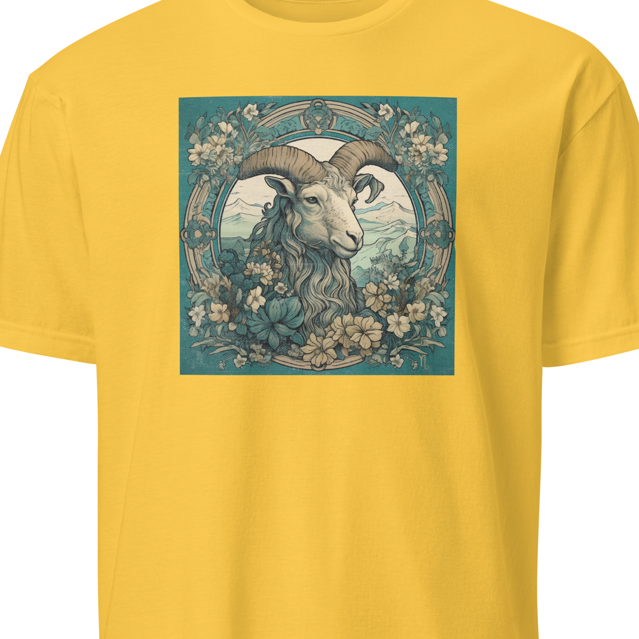 Yellow t-shirt with a graphic of a ram and floral design 