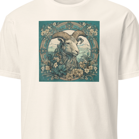 White t-shirt with a graphic of a goat and floral design