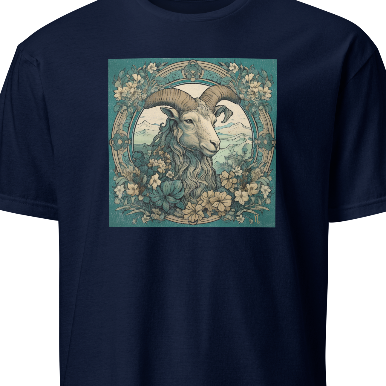 Navy blue t-shirt with a graphic of a ram and floral design 