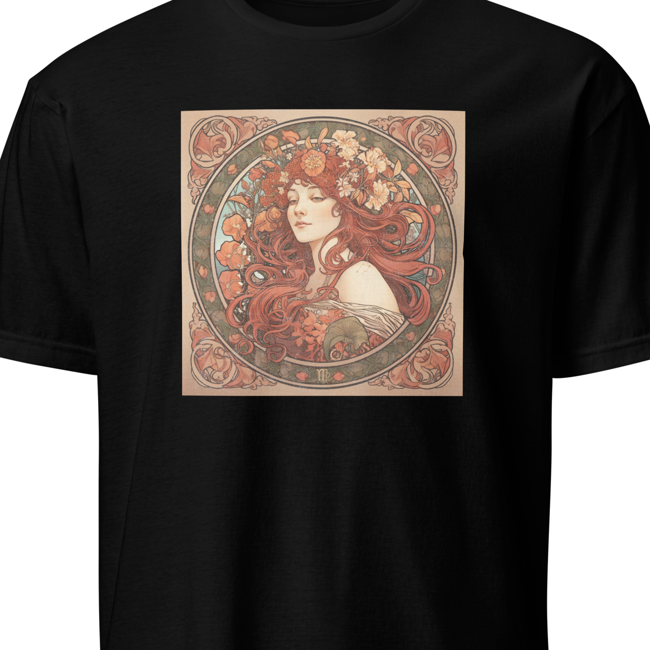 Black t-shirt with a graphic of a woman's face surrounded by floral patterns 
