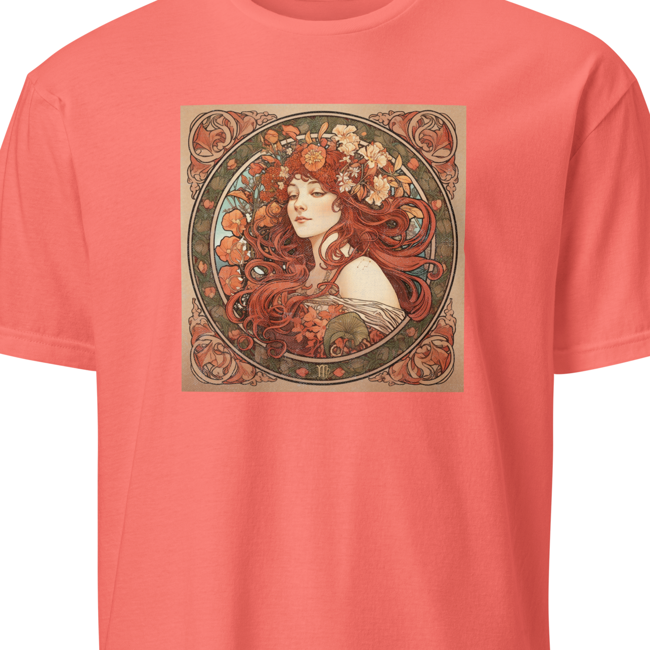 Coral t-shirt with a graphic design of a woman with red hair 