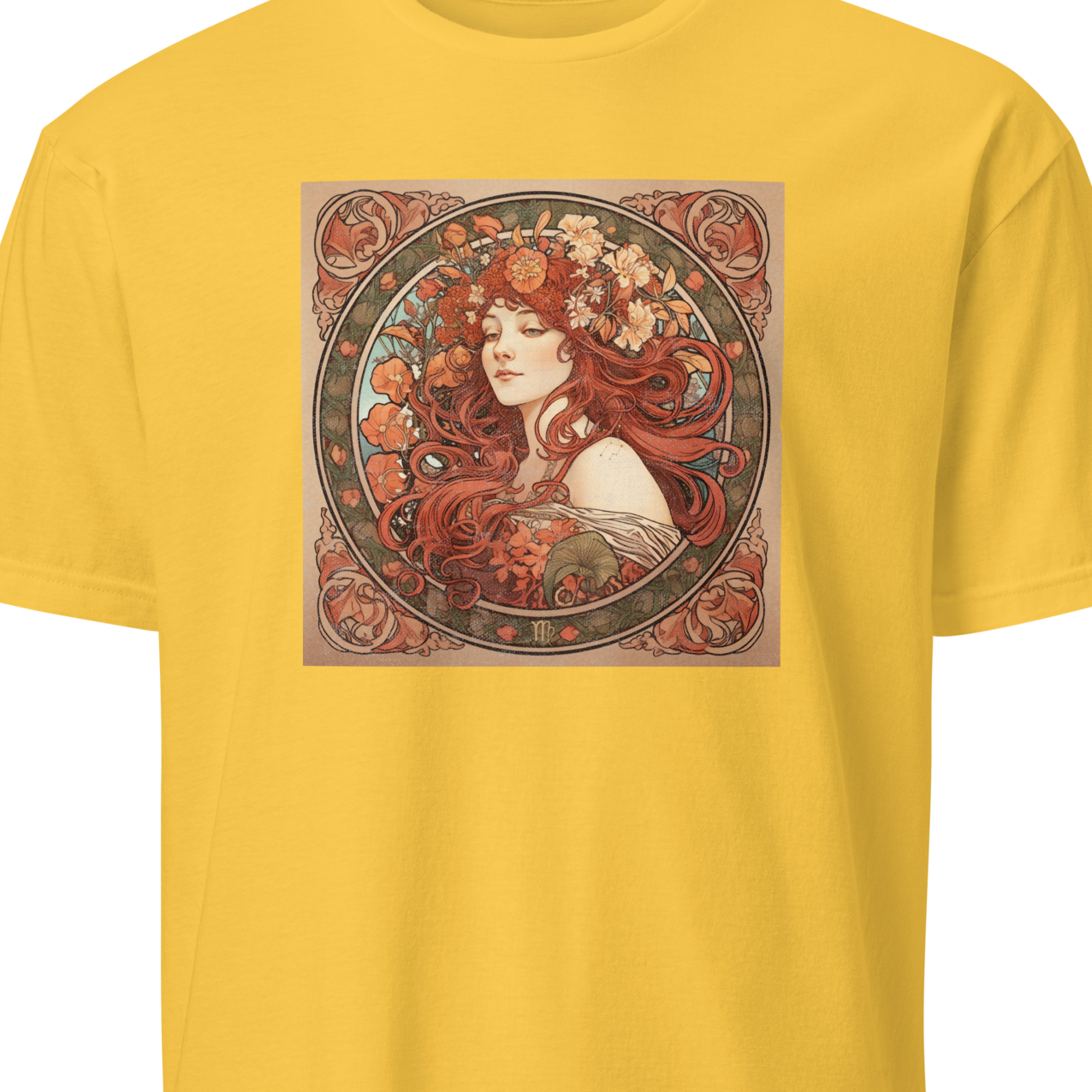 Yellow t-shirt with a graphic design of a woman's face surrounded by floral elements
