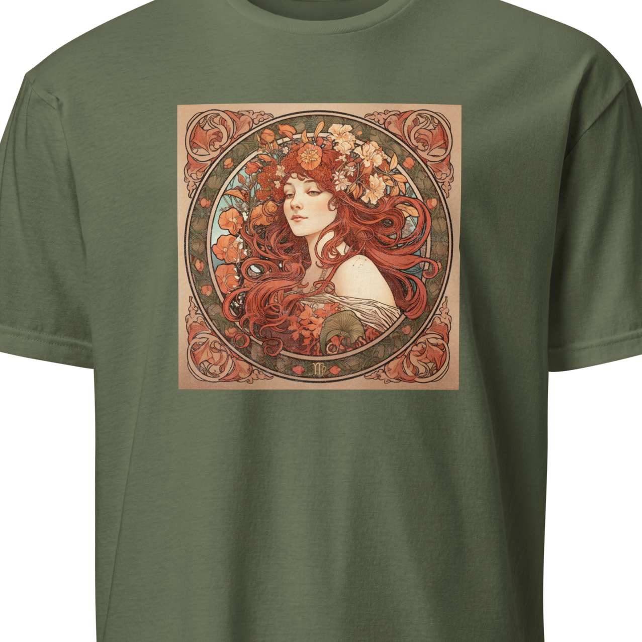 Green t-shirt with a graphic design of a woman's face 