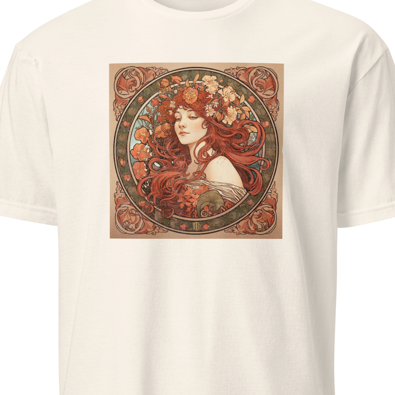 White t-shirt with a graphic design of a woman's face surrounded by floral elements 