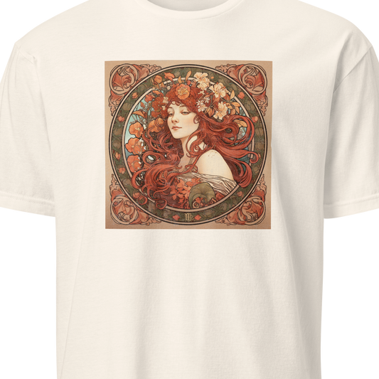 White t-shirt with a graphic design of a woman's face surrounded by floral elements 