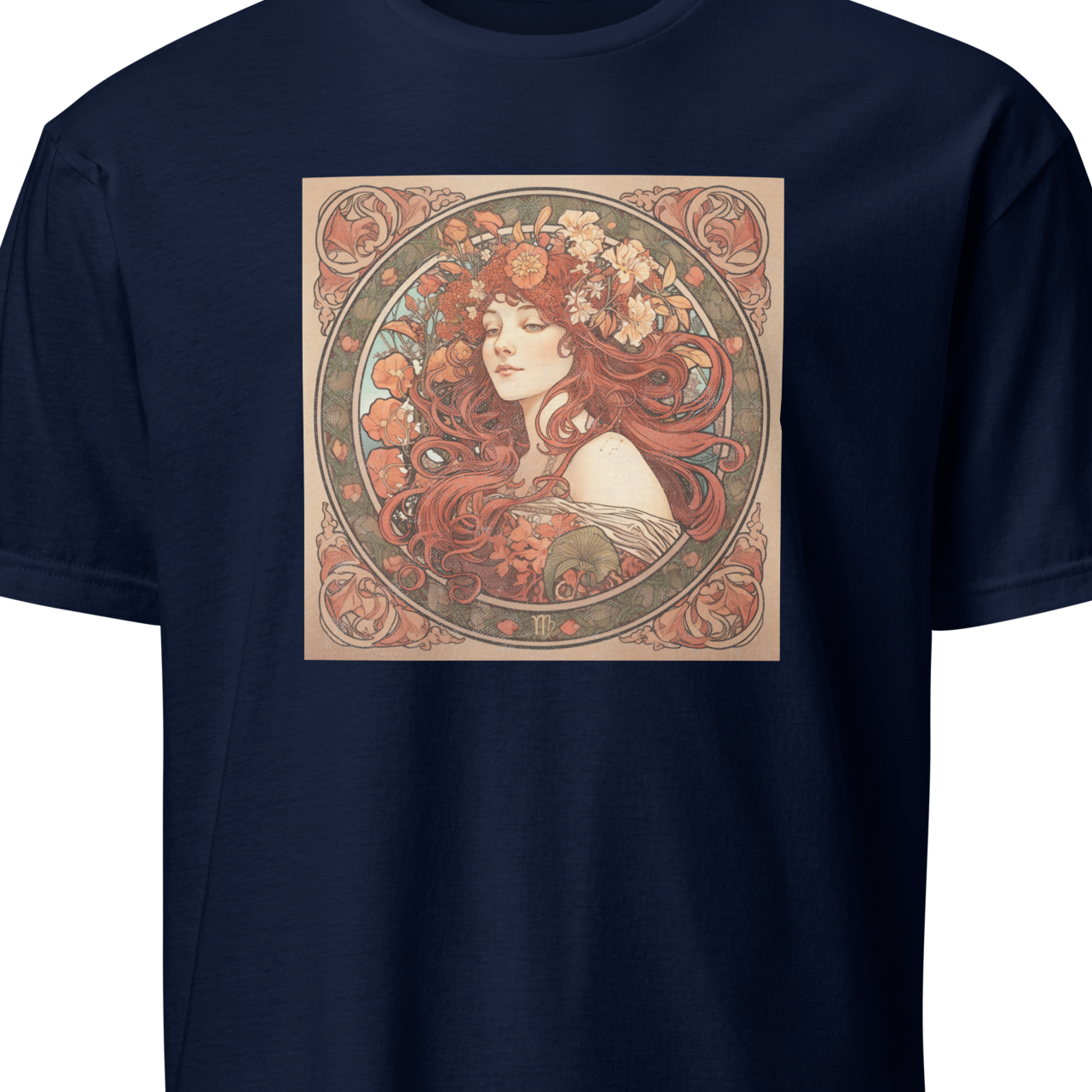 Navy blue t-shirt with a graphic of a woman's face surrounded by floral patterns 