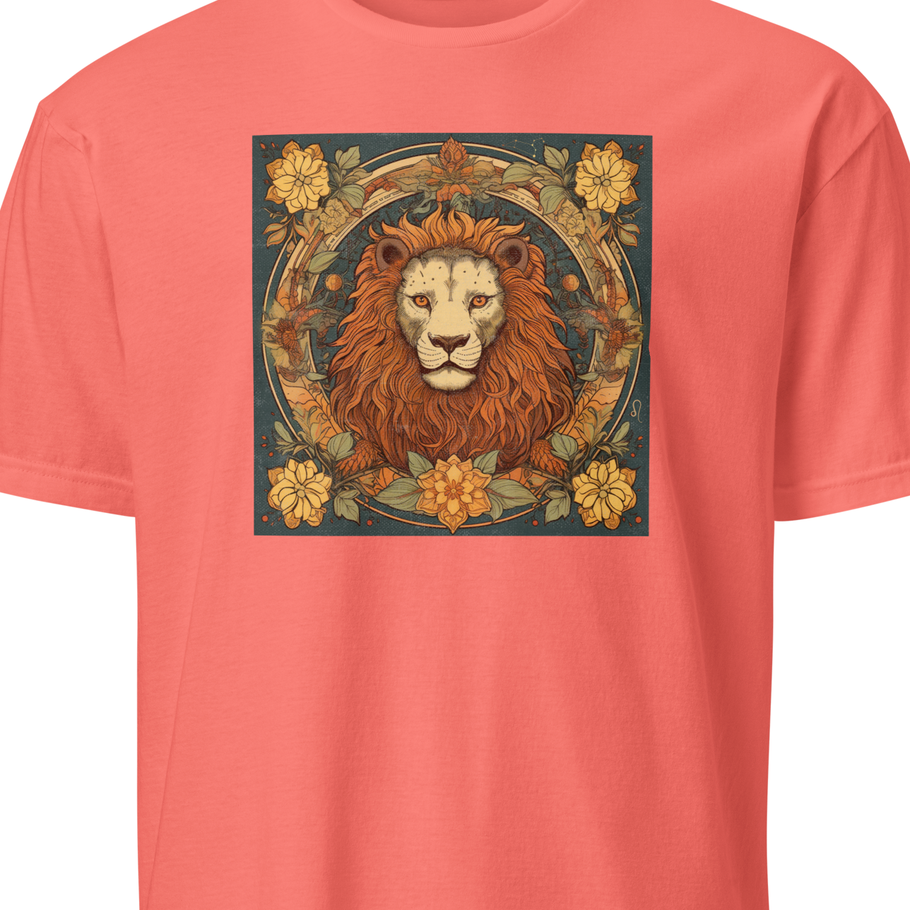 Coral t-shirt with a lion graphic design 