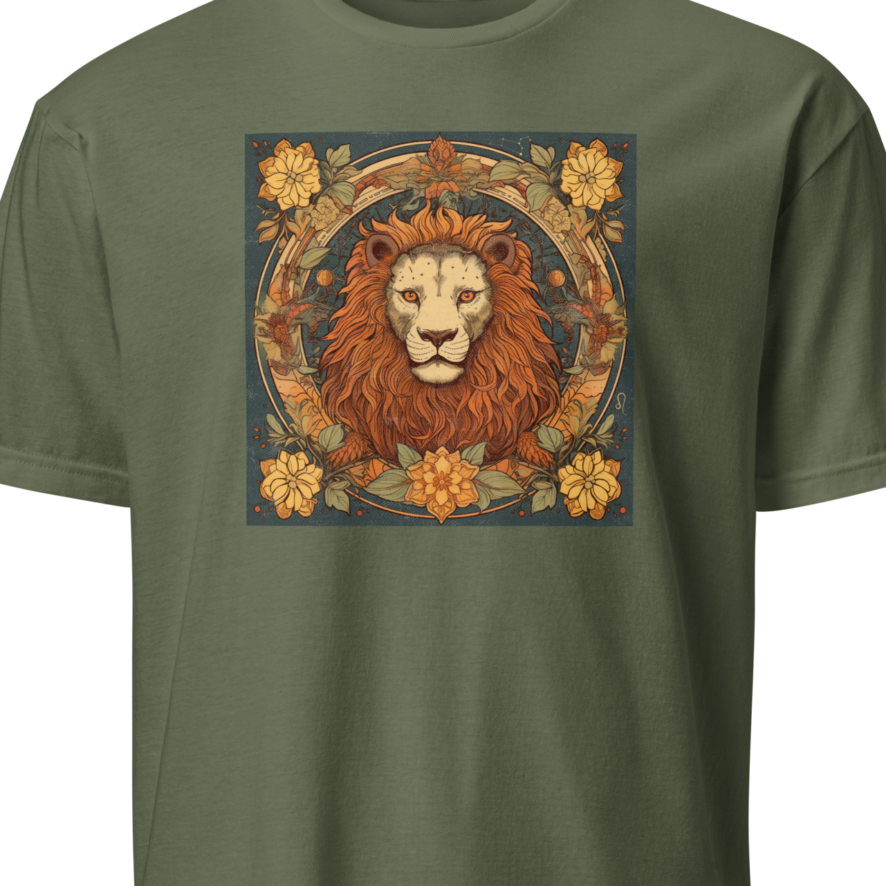 Green t-shirt with a lion graphic design 