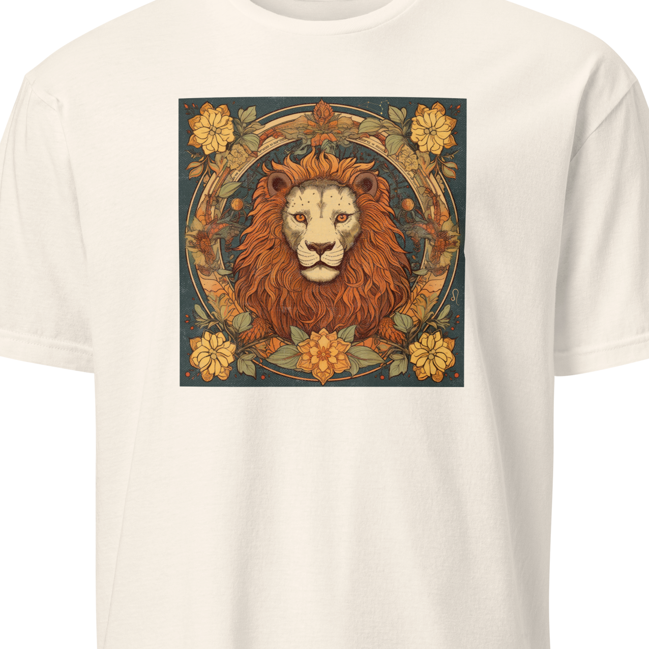 White t-shirt with a lion graphic design 