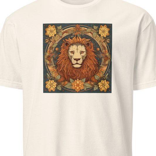 White t-shirt with a lion graphic design 