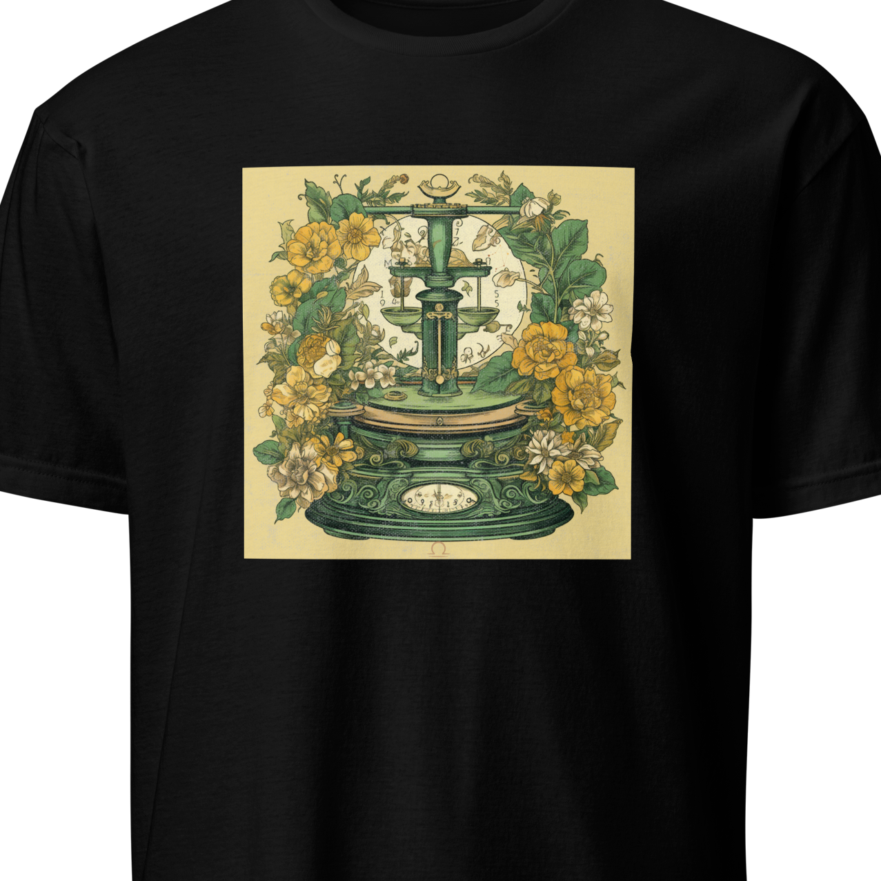 Black t-shirt with a vintage-style design featuring a scale and flowers 