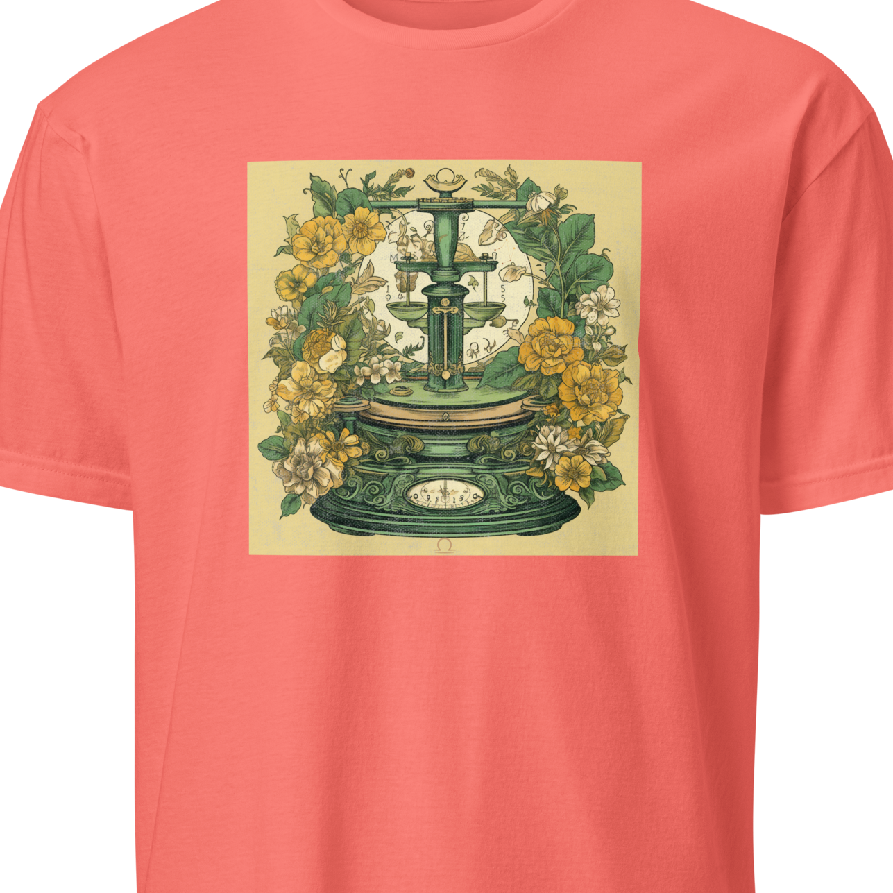 Coral t-shirt with a vintage-style design of a scale and flowers 