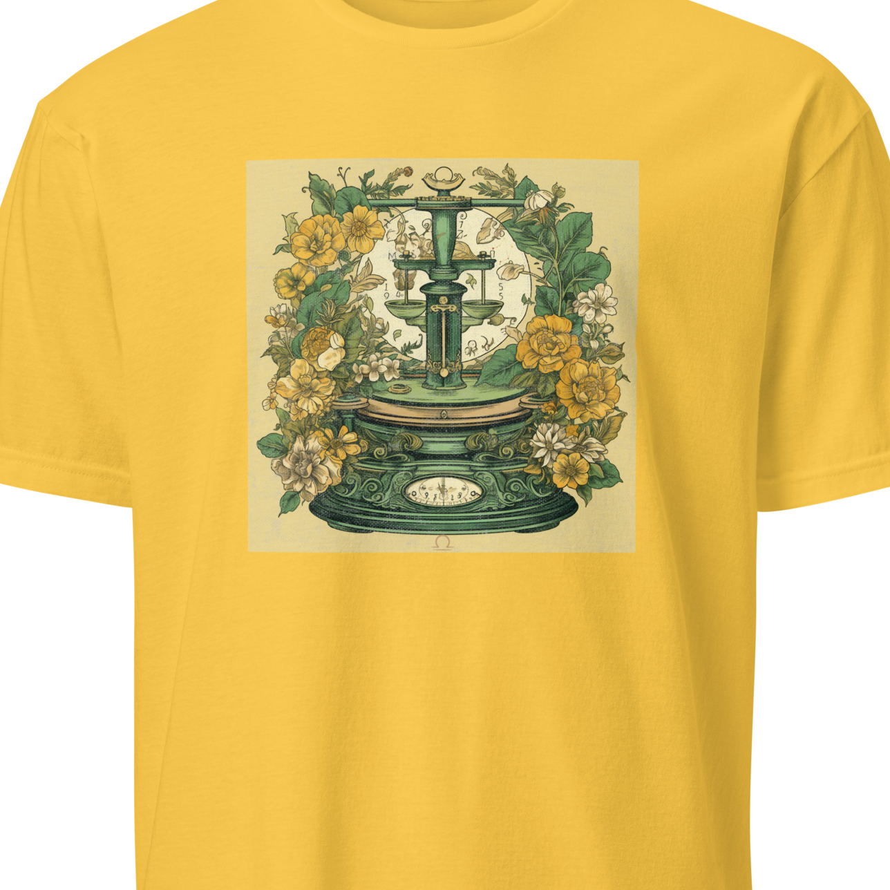 Yellow t-shirt with a vintage-style design of a scale and flowers 