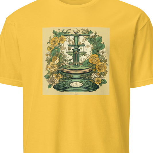 Yellow t-shirt with a vintage-style design of a scale and flowers 