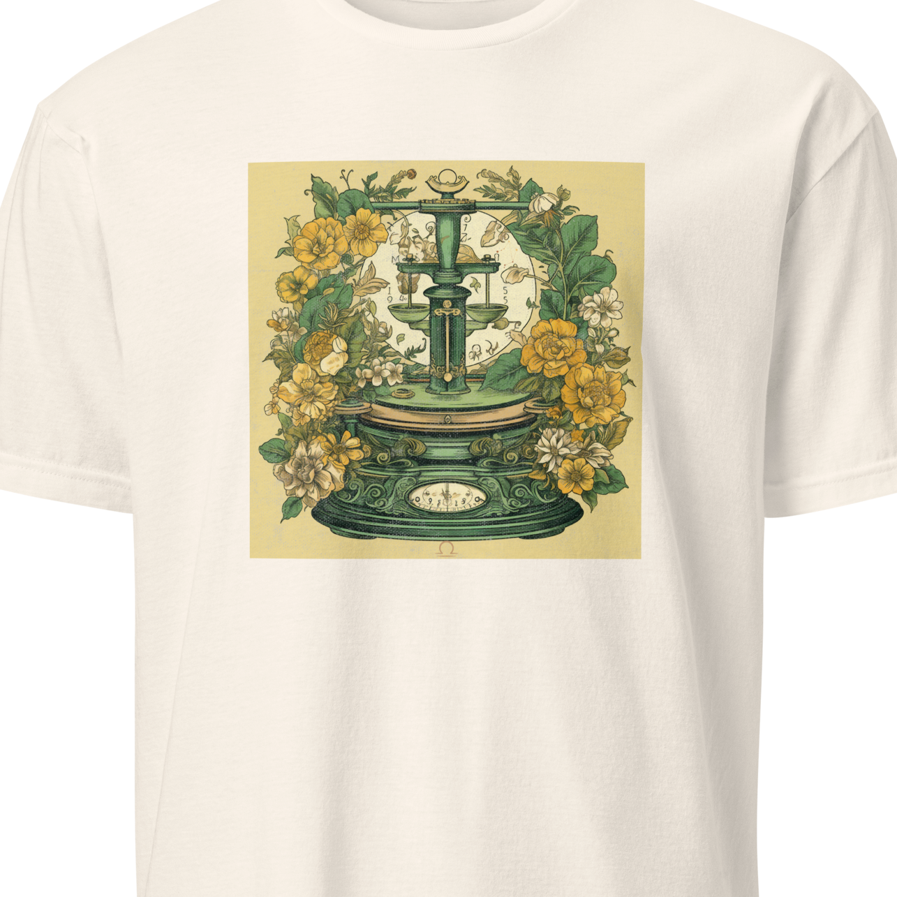 White t-shirt with a vintage-style design featuring a green scales and yellow flowers 