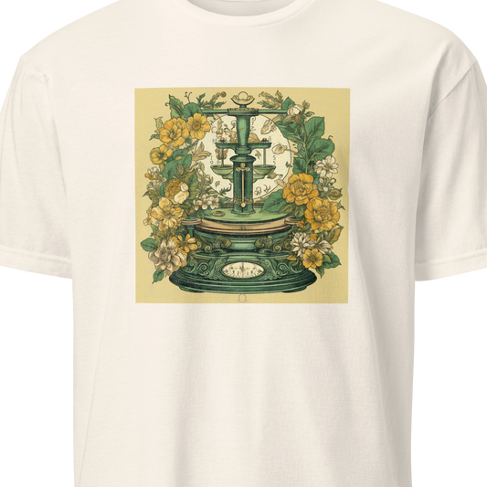 White t-shirt with a vintage-style design featuring a green scales and yellow flowers 