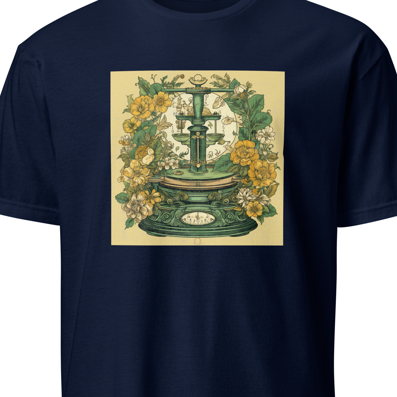 Navy blue t-shirt with a vintage-style design featuring a scale and flowers 