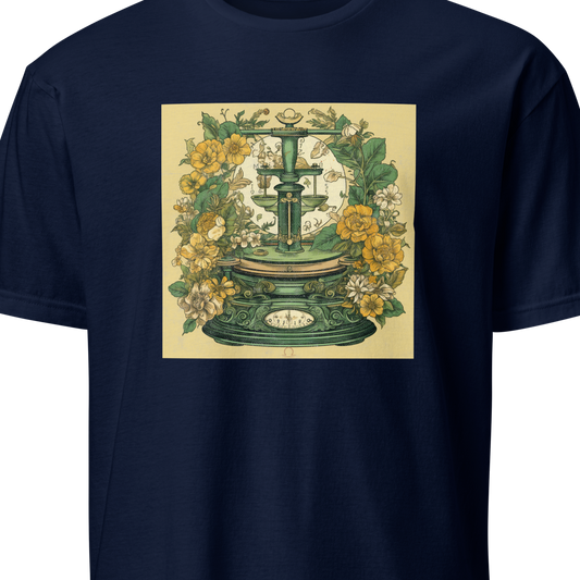 Navy blue t-shirt with a vintage-style design featuring a scale and flowers 