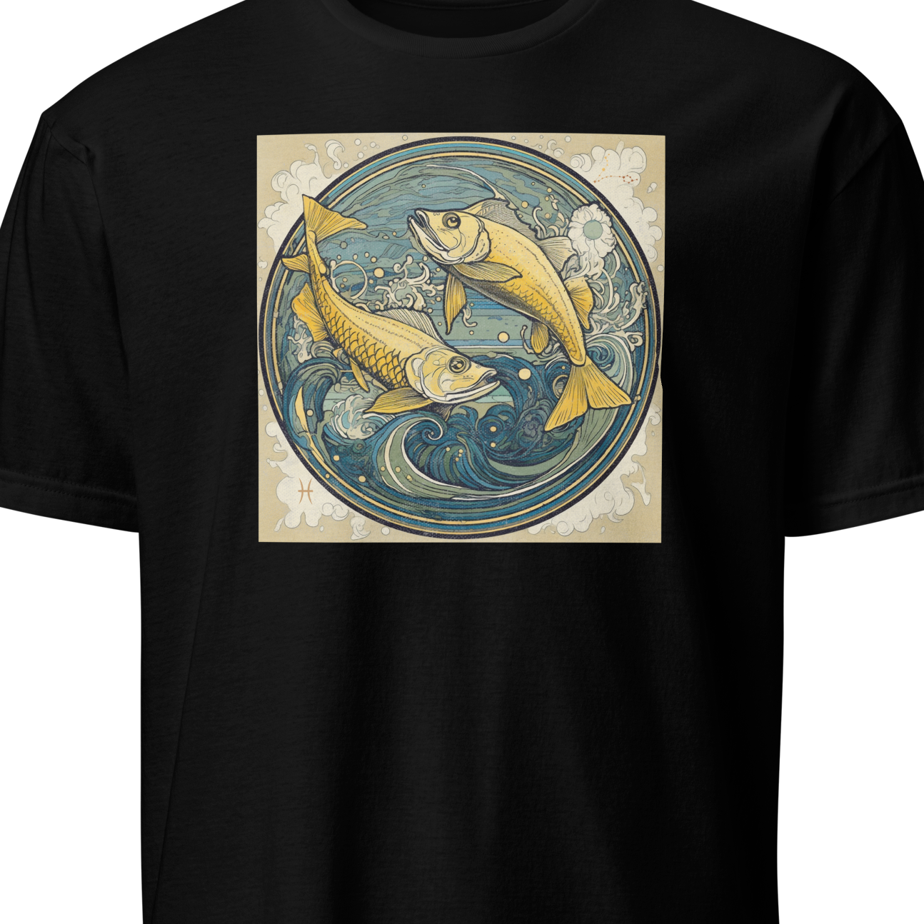 Black t-shirt with a graphic of two fish in a circle design 