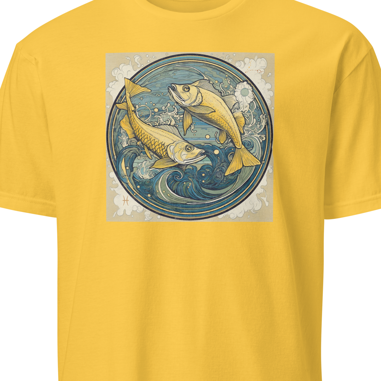 Yellow t-shirt with a graphic of two fish in a circle design 