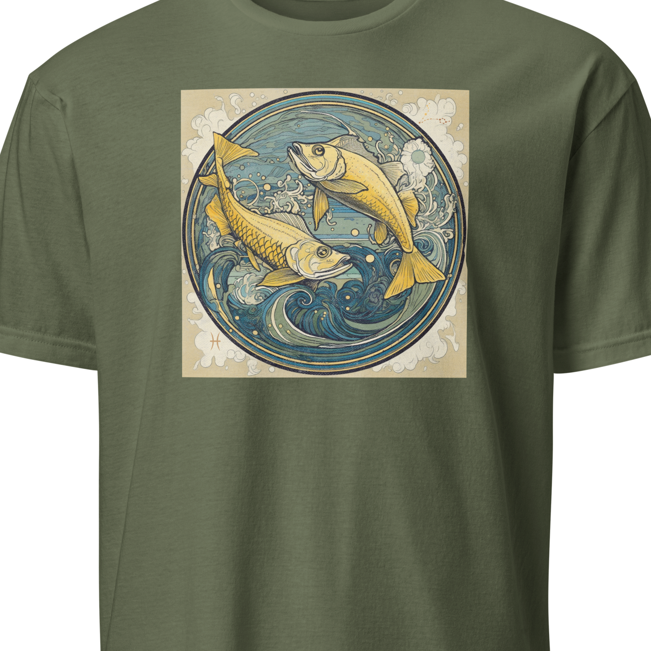 Green t-shirt with a graphic of two fish in a circle design 