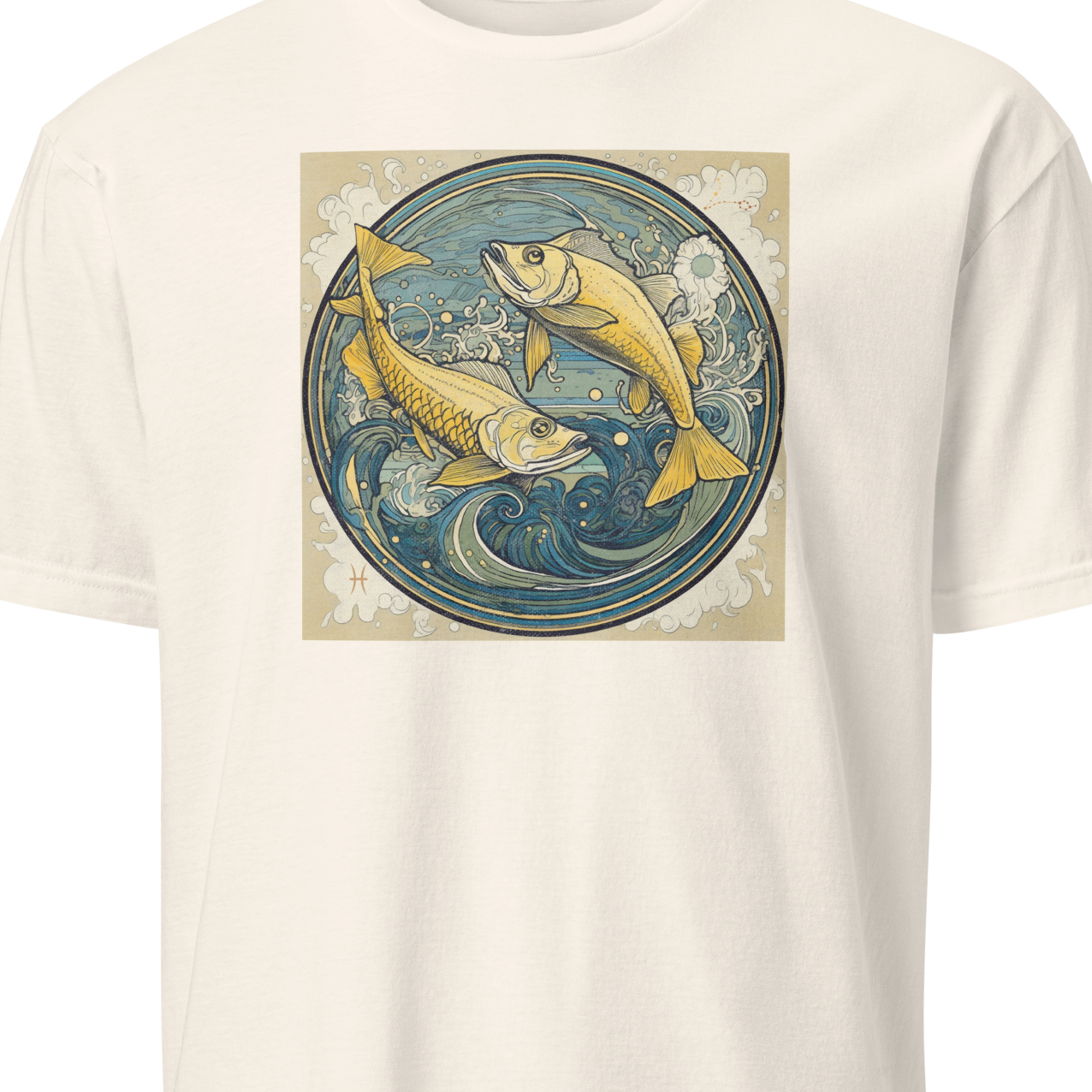 White t-shirt with a graphic of two fish in a circle design