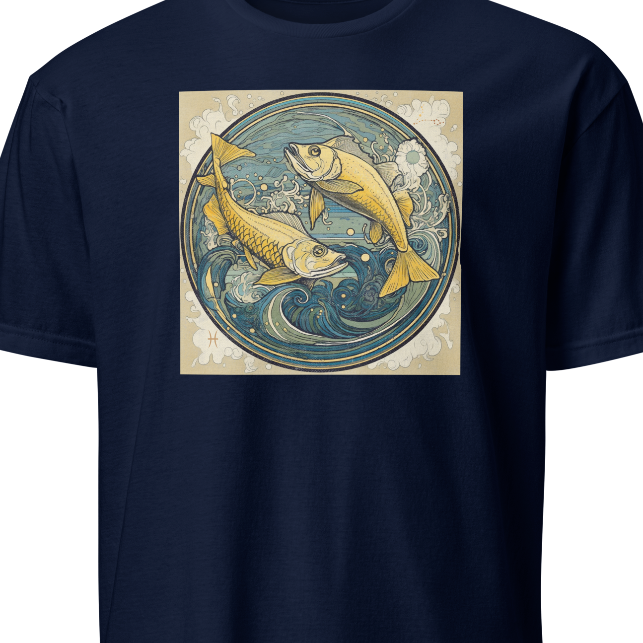 Navy blue t-shirt with a graphic of two fish in a circle design 