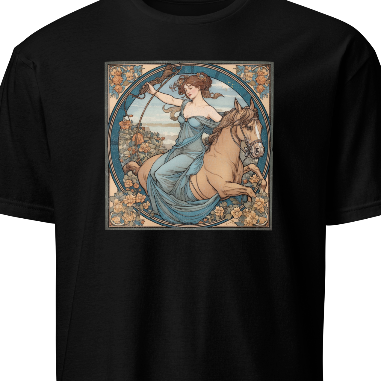 Black t-shirt with a graphic of a woman on a horse in an artistic frame.