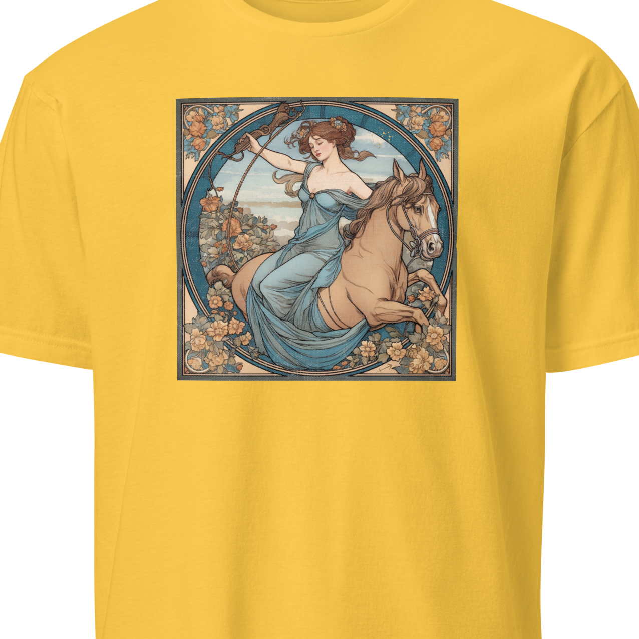 Yellow t-shirt with a graphic of a woman on a horse in an art nouveau style 