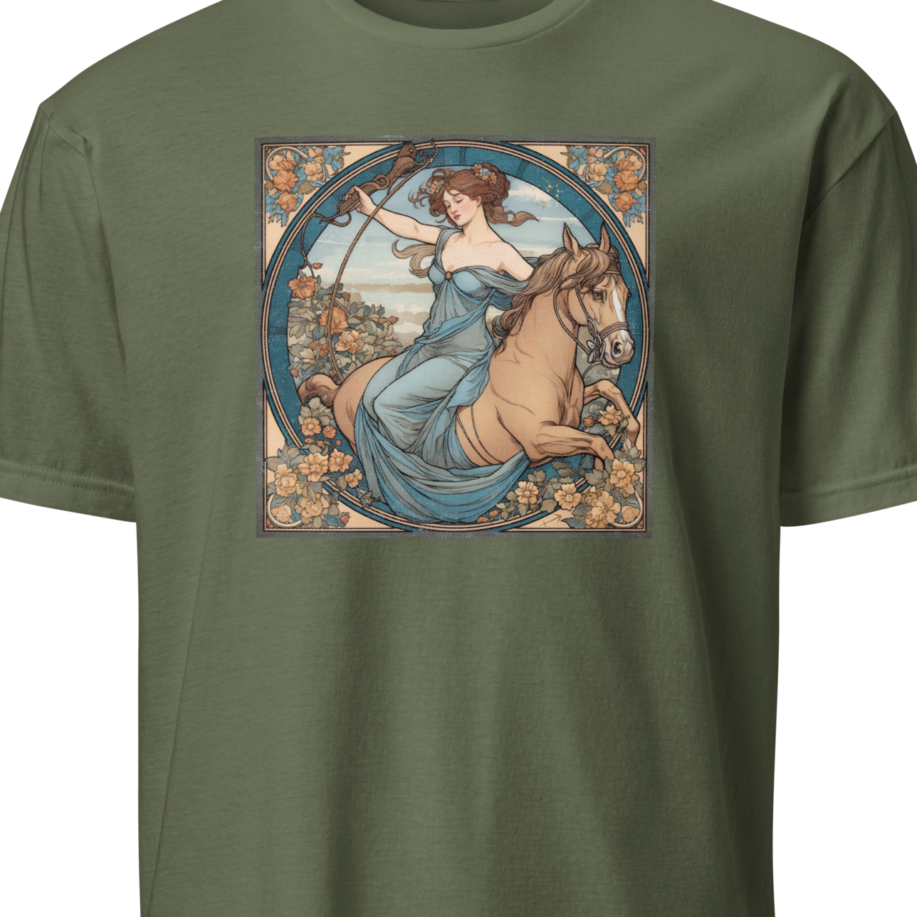 Green t-shirt with a graphic of a woman and horse