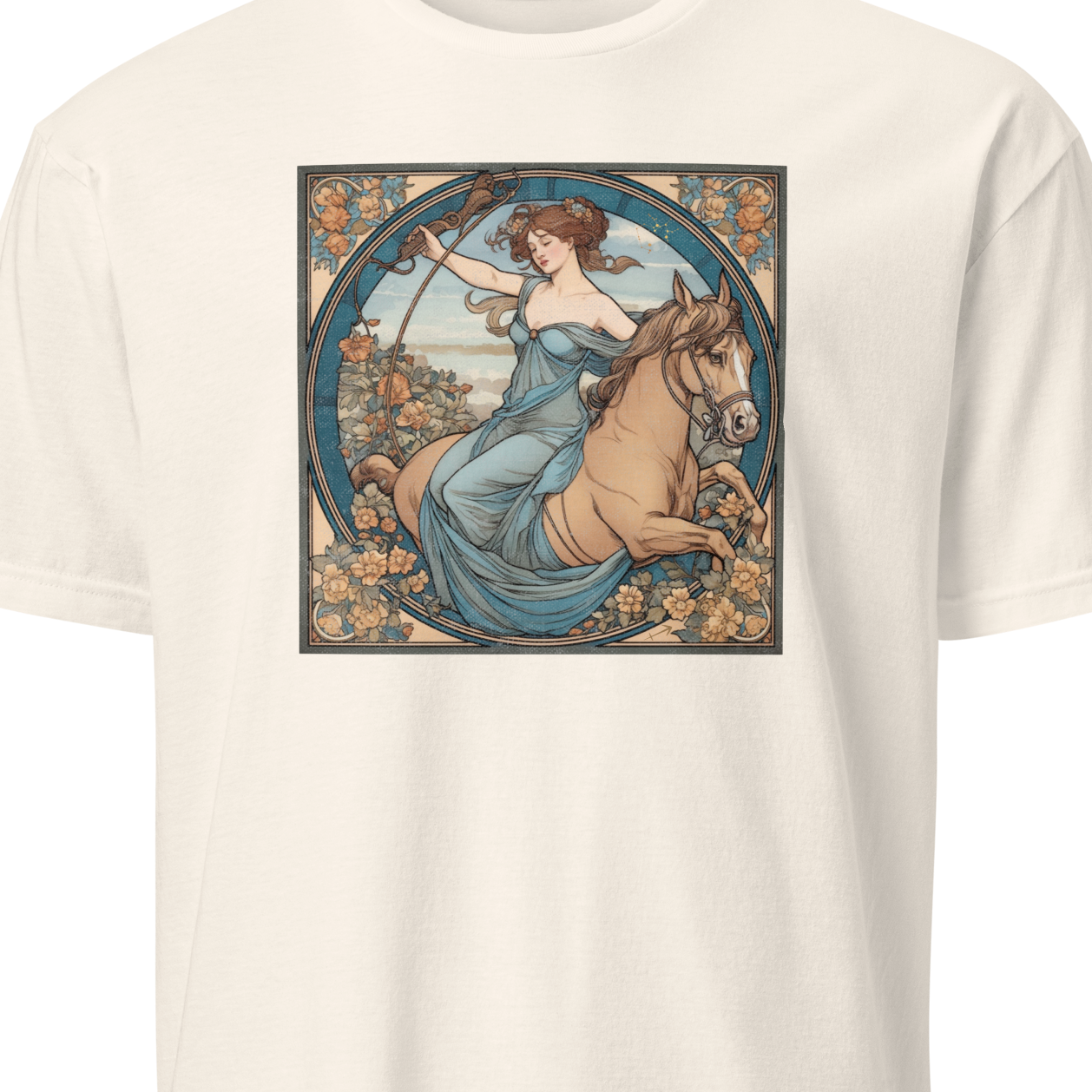 White t-shirt with a graphic of a woman riding a horse in a decorative frame 